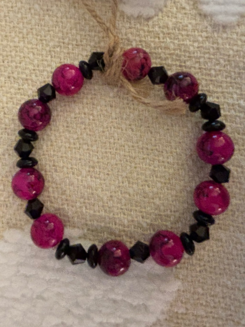 Handcrafted Fuchsia Beaded Stretch Bracelet with Black Accents